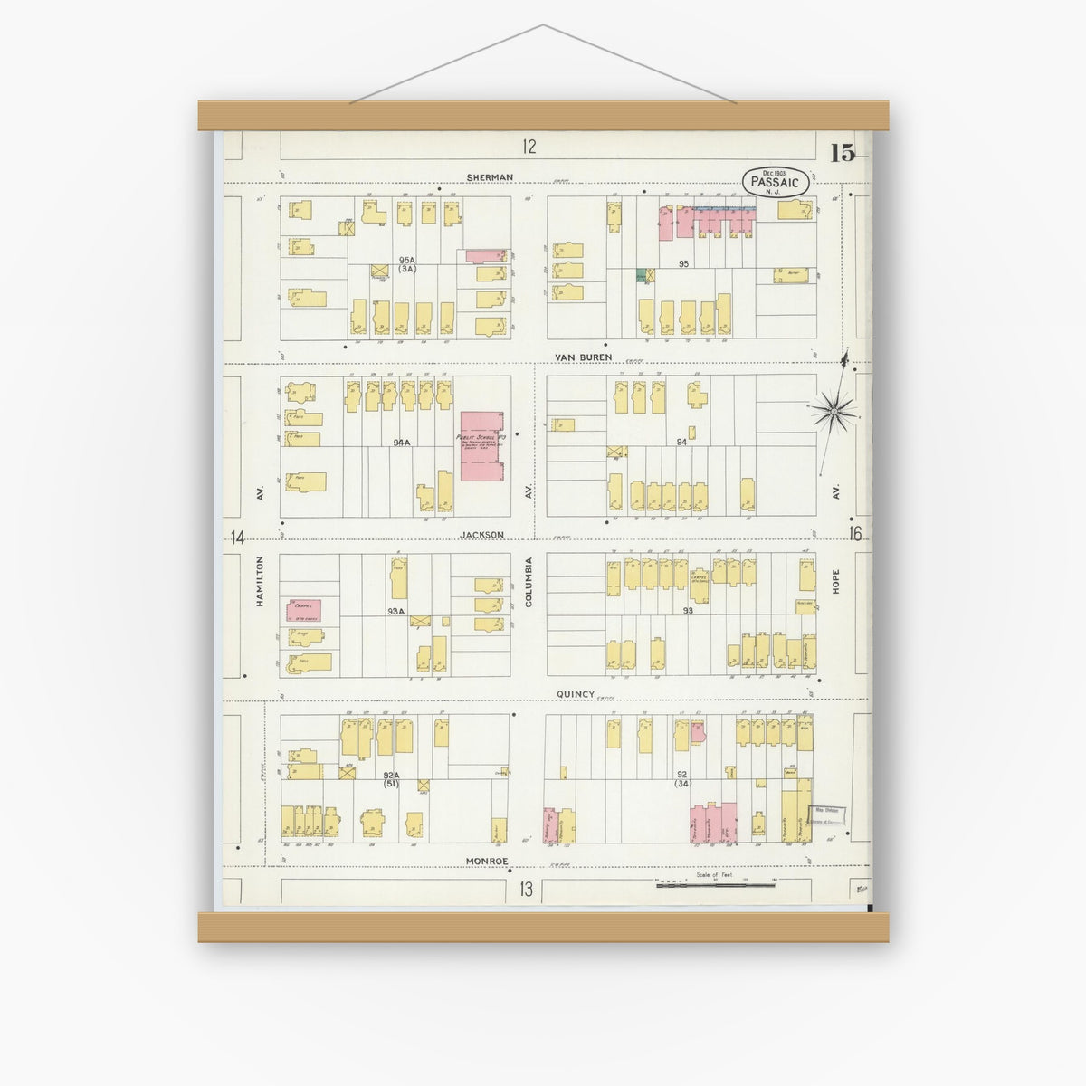 Old map wall art mockup — magnetic wood frame on white wall — Sanborn Fire Insurance Map from Passaic, Passaic County, New Jersey (1903), Sheet #0015