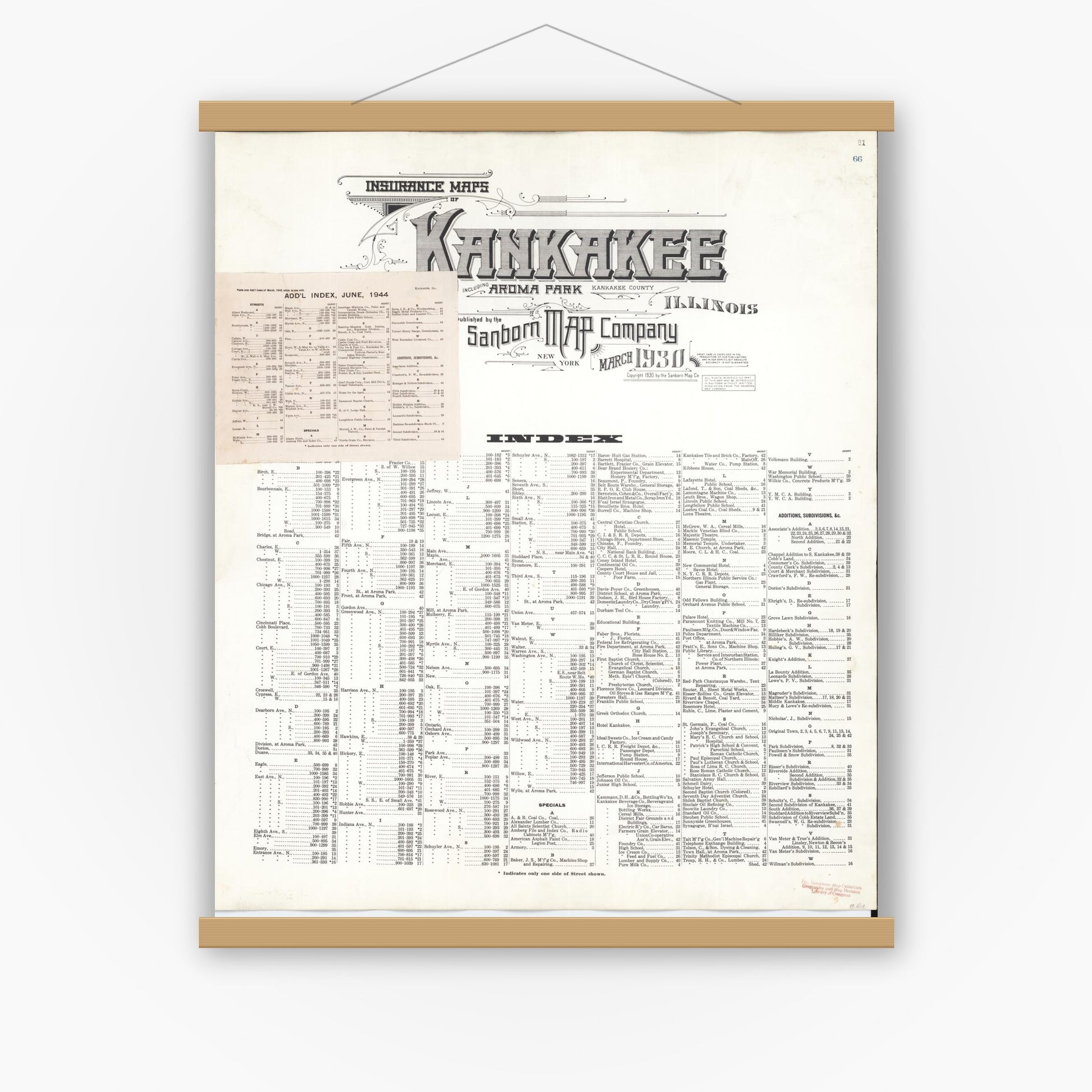 Old map wall art mockup — magnetic wood frame on white wall — Sanborn Fire Insurance Map from Kankakee, Kankakee County, Illinois (1948), Sheet #0001