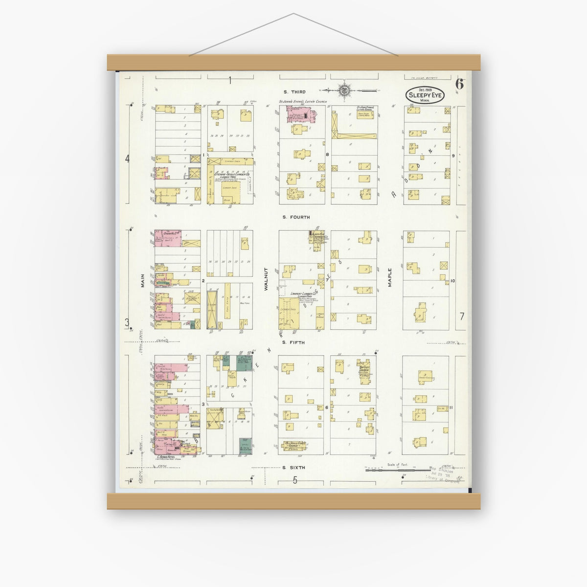 Old map wall art mockup — magnetic wood frame on white wall — Sanborn Fire Insurance Map from Sleepy Eye, Brown County, Minnesota (1909), Sheet #0006
