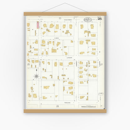 Old map wall art mockup — magnetic wood frame on white wall — Sanborn Fire Insurance Map from Gainesville, Cooke County, Texas (1908), Sheet #0026