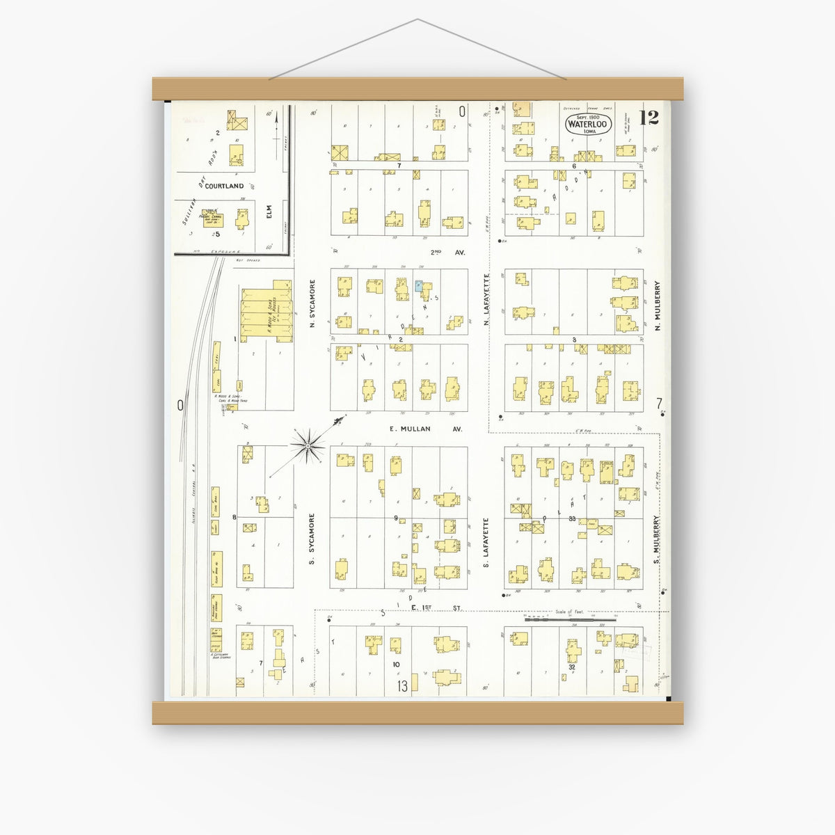 Old map wall art mockup — magnetic wood frame on white wall — Sanborn Fire Insurance Map from Waterloo, Black Hawk County, Iowa (1900), Sheet #0012
