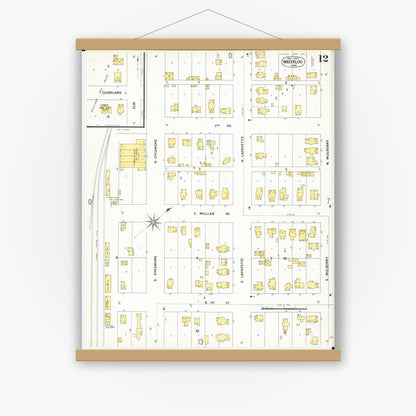 Old map wall art mockup — magnetic wood frame on white wall — Sanborn Fire Insurance Map from Waterloo, Black Hawk County, Iowa (1900), Sheet #0012