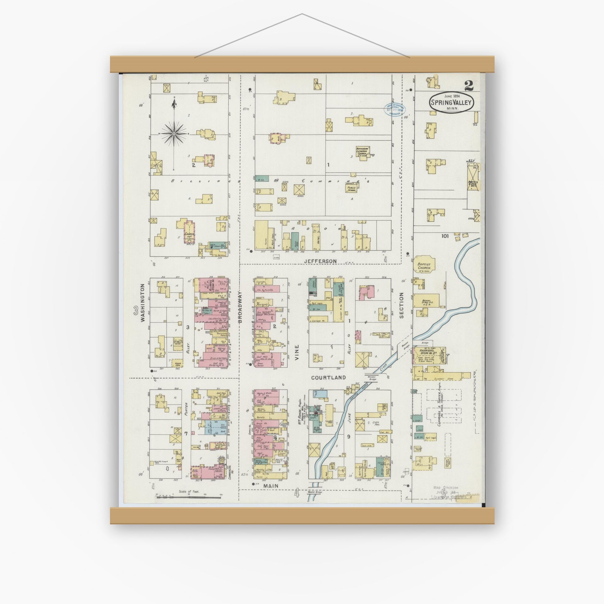 Old map wall art mockup — magnetic wood frame on white wall — Sanborn Fire Insurance Map from Spring Valley, Fillmore County, Minnesota (1894), Sheet #0002