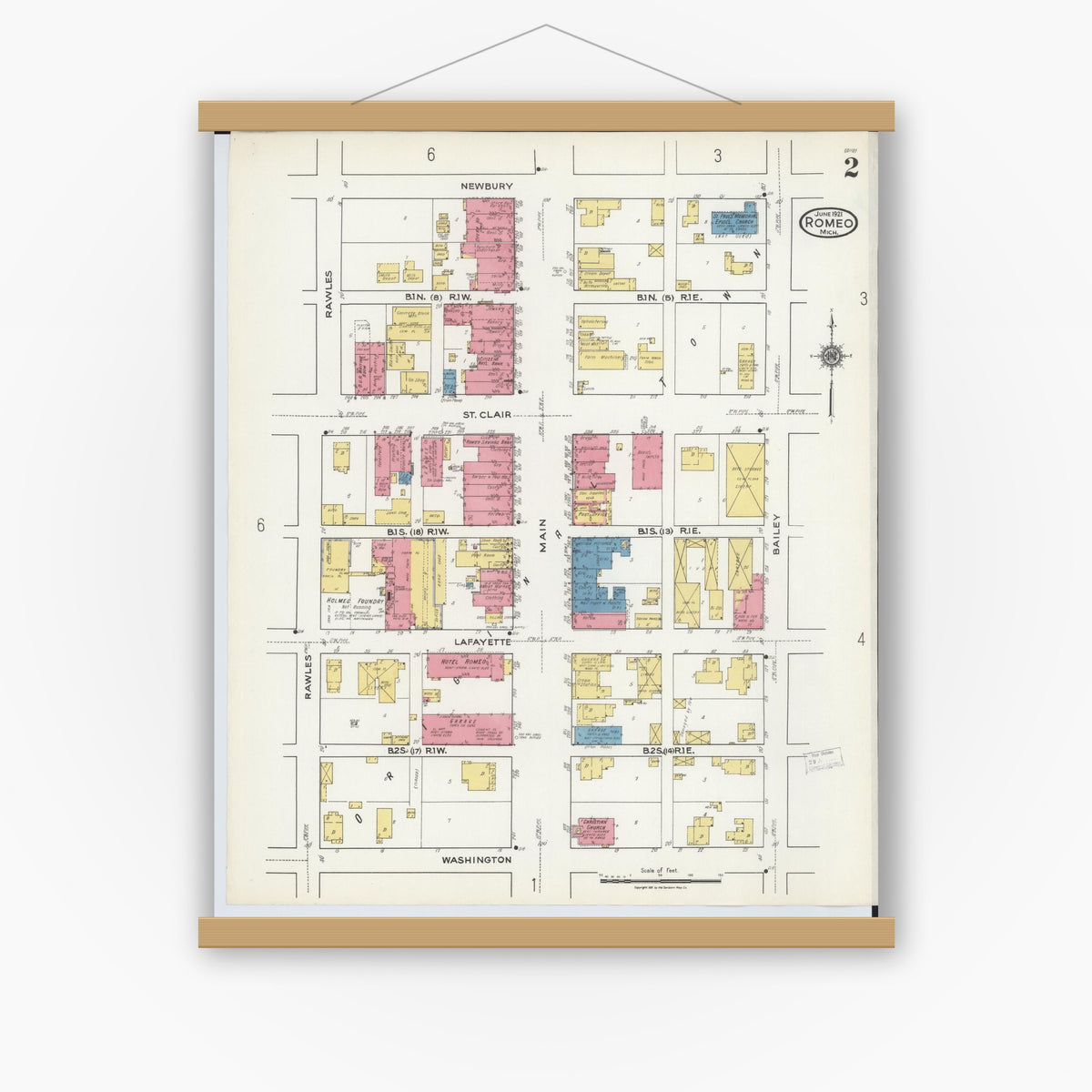 Old map wall art mockup — magnetic wood frame on white wall — Sanborn Fire Insurance Map from Romeo, Macomb County, Michigan (1921), Sheet #0002