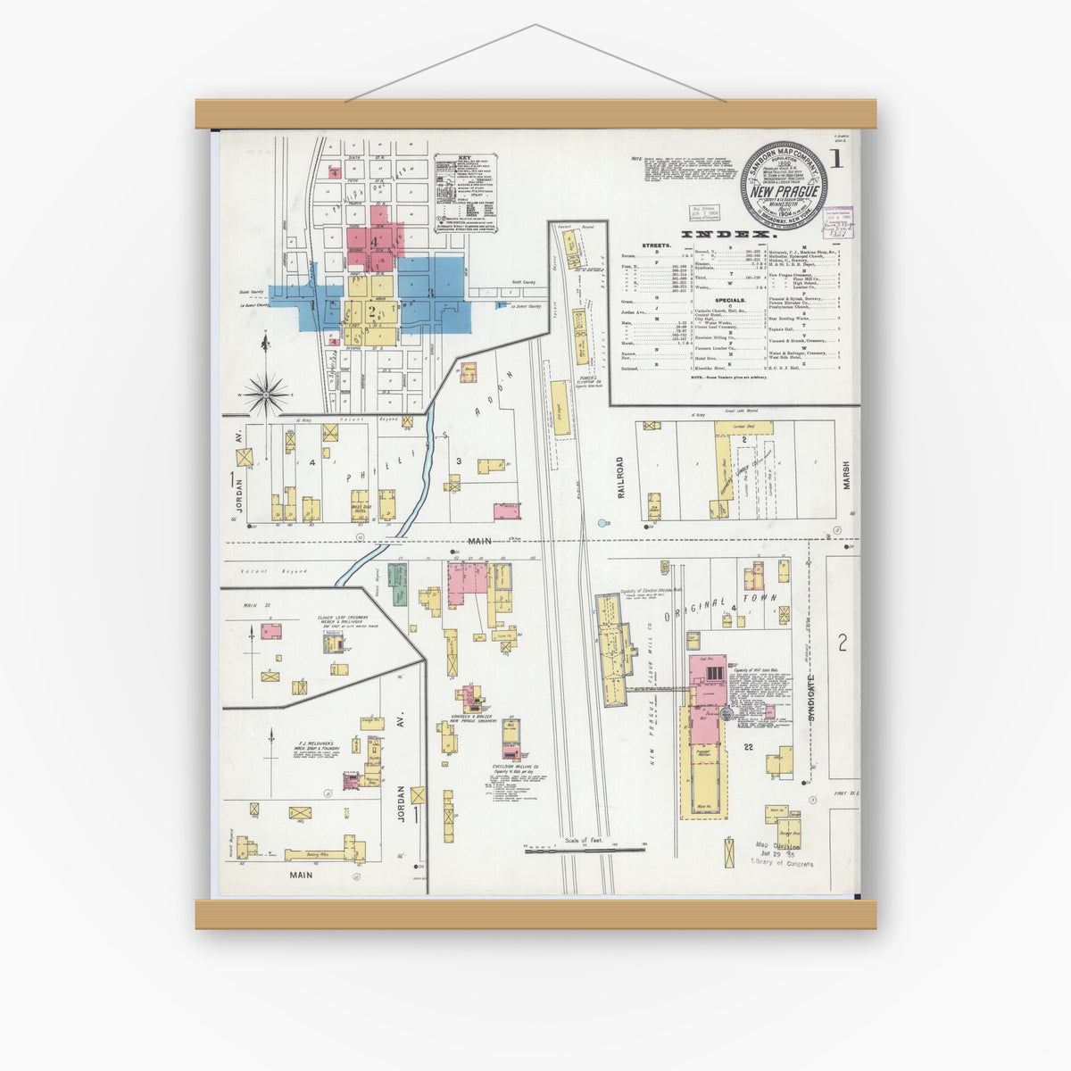 Old map wall art mockup — magnetic wood frame on white wall — Sanborn Fire Insurance Map from New Prague, Scott And Le Sueur, Minnesota (1904), Sheet #0001
