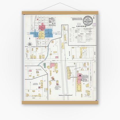 Old map wall art mockup — magnetic wood frame on white wall — Sanborn Fire Insurance Map from New Prague, Scott And Le Sueur, Minnesota (1904), Sheet #0001