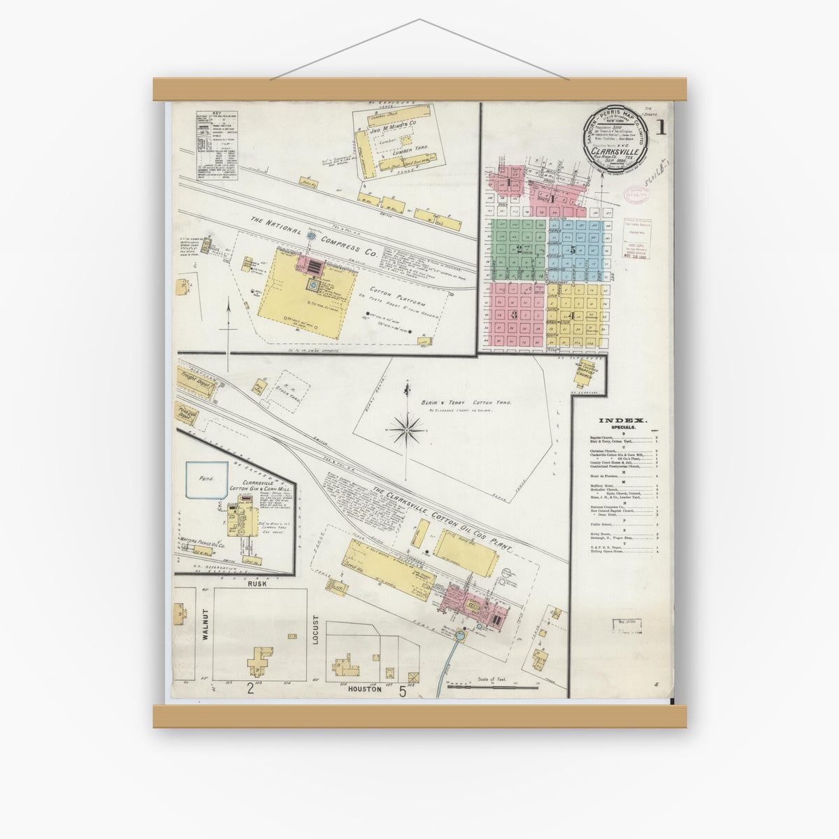 Old map wall art mockup — magnetic wood frame on white wall — Sanborn Fire Insurance Map from Clarksville, Red River County, Texas (1896) - Complete Map Set