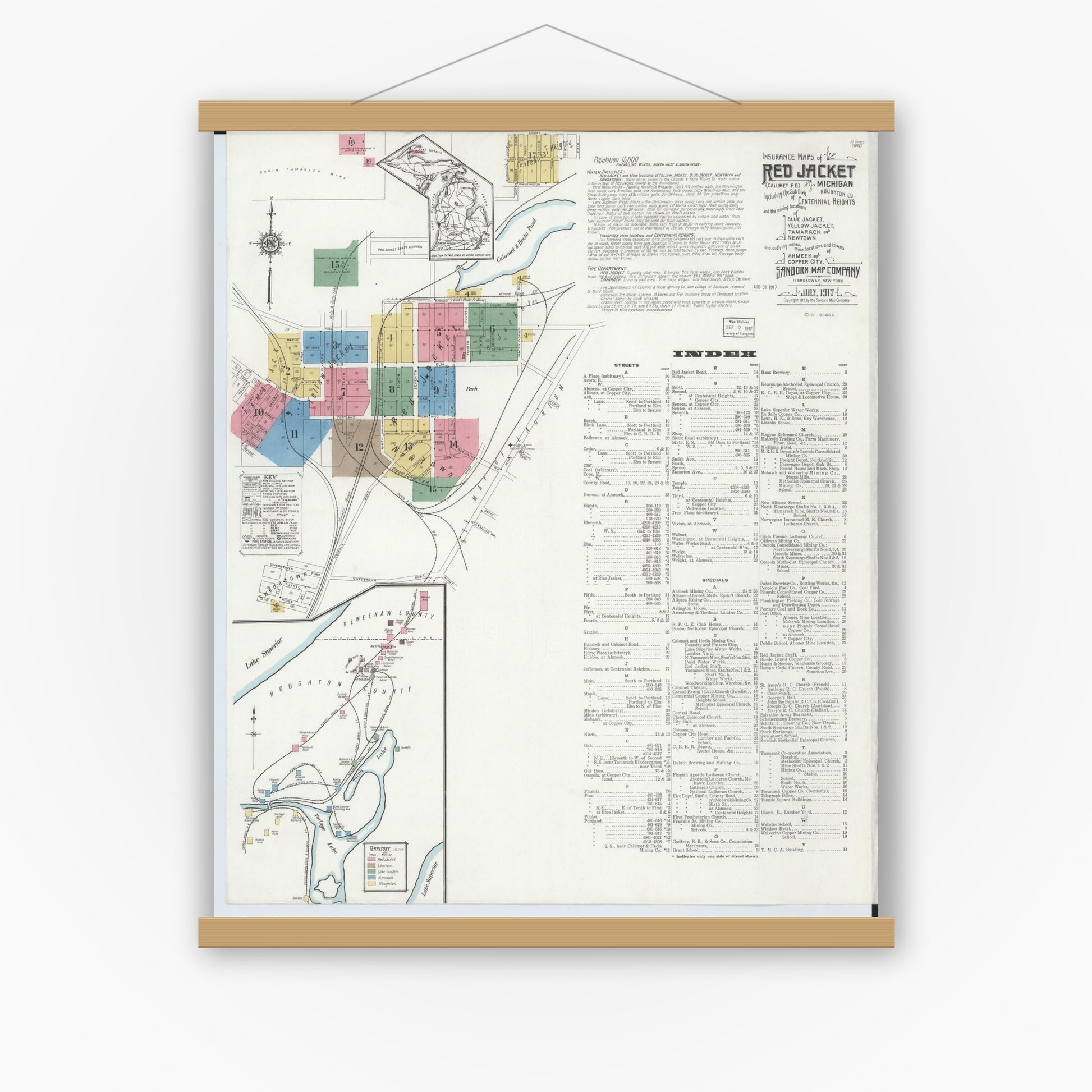 Old map wall art mockup — magnetic wood frame on white wall — Sanborn Fire Insurance Map from Red Jacket, Houghton County, Michigan (1917) - Complete Map Set