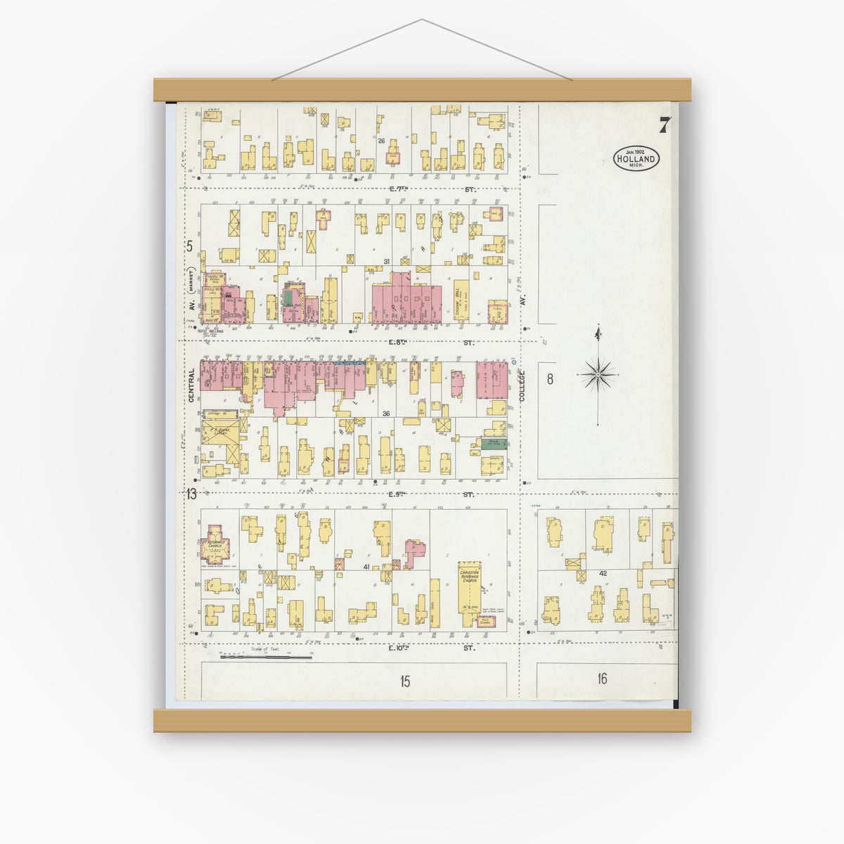 Old map wall art mockup — magnetic wood frame on white wall — Sanborn Fire Insurance Map from Holland, Ottawa County, Michigan (1902), Sheet #0007