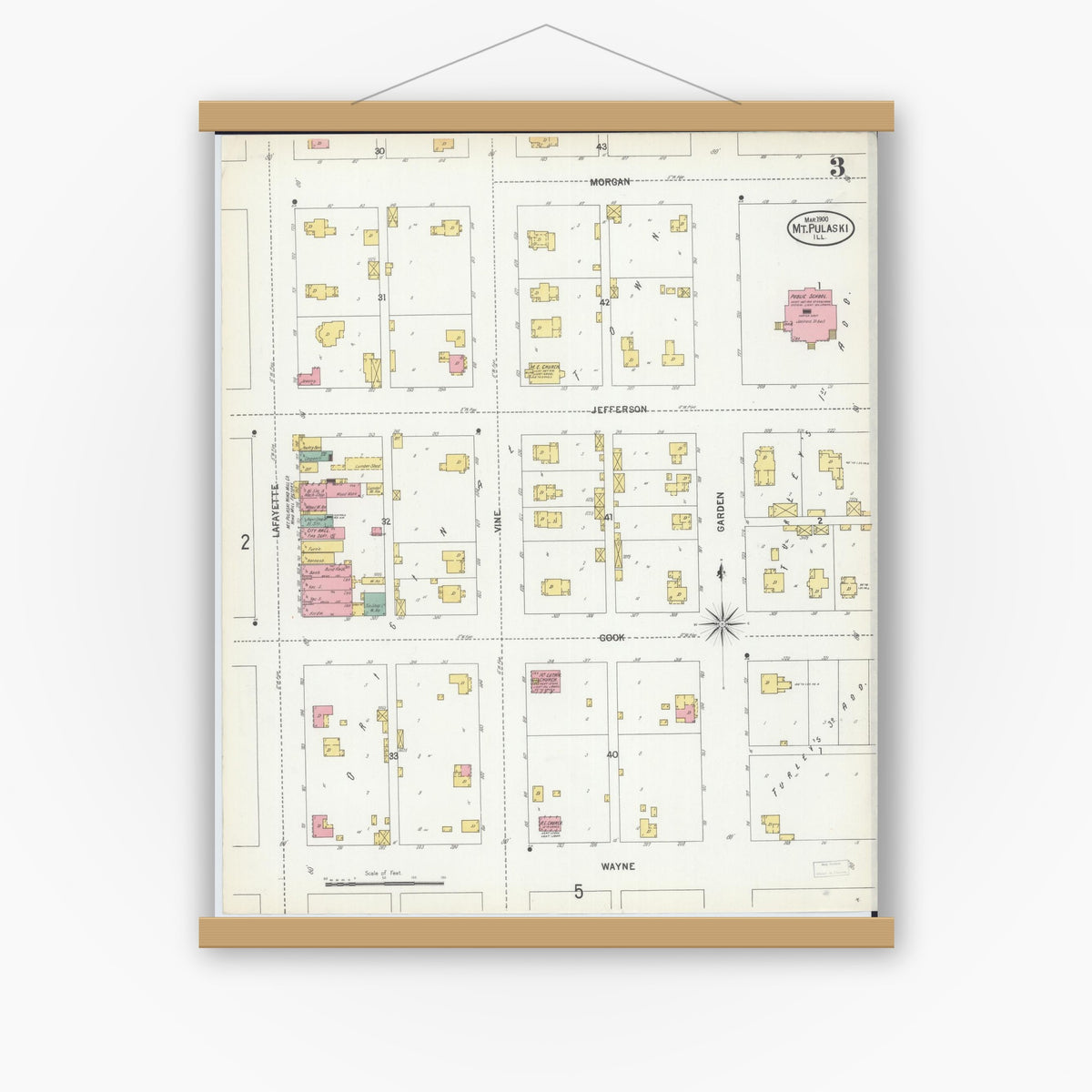 Old map wall art mockup — magnetic wood frame on white wall — Sanborn Fire Insurance Map from Mount Pulaski, Logan County, Illinois (1900), Sheet #0003