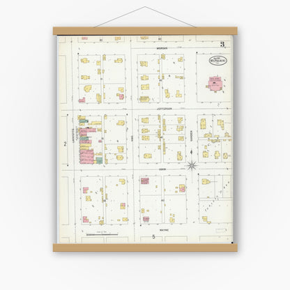 Old map wall art mockup — magnetic wood frame on white wall — Sanborn Fire Insurance Map from Mount Pulaski, Logan County, Illinois (1900), Sheet #0003