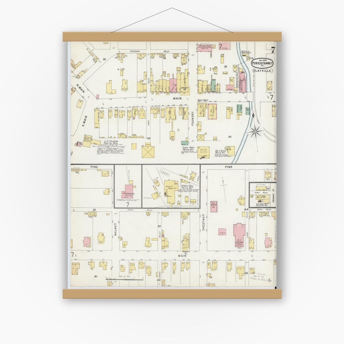 Old map wall art mockup — magnetic wood frame on white wall — Sanborn Fire Insurance Map from Punxsutawney, Jefferson County, Pennsylvania (1896), Sheet #0007