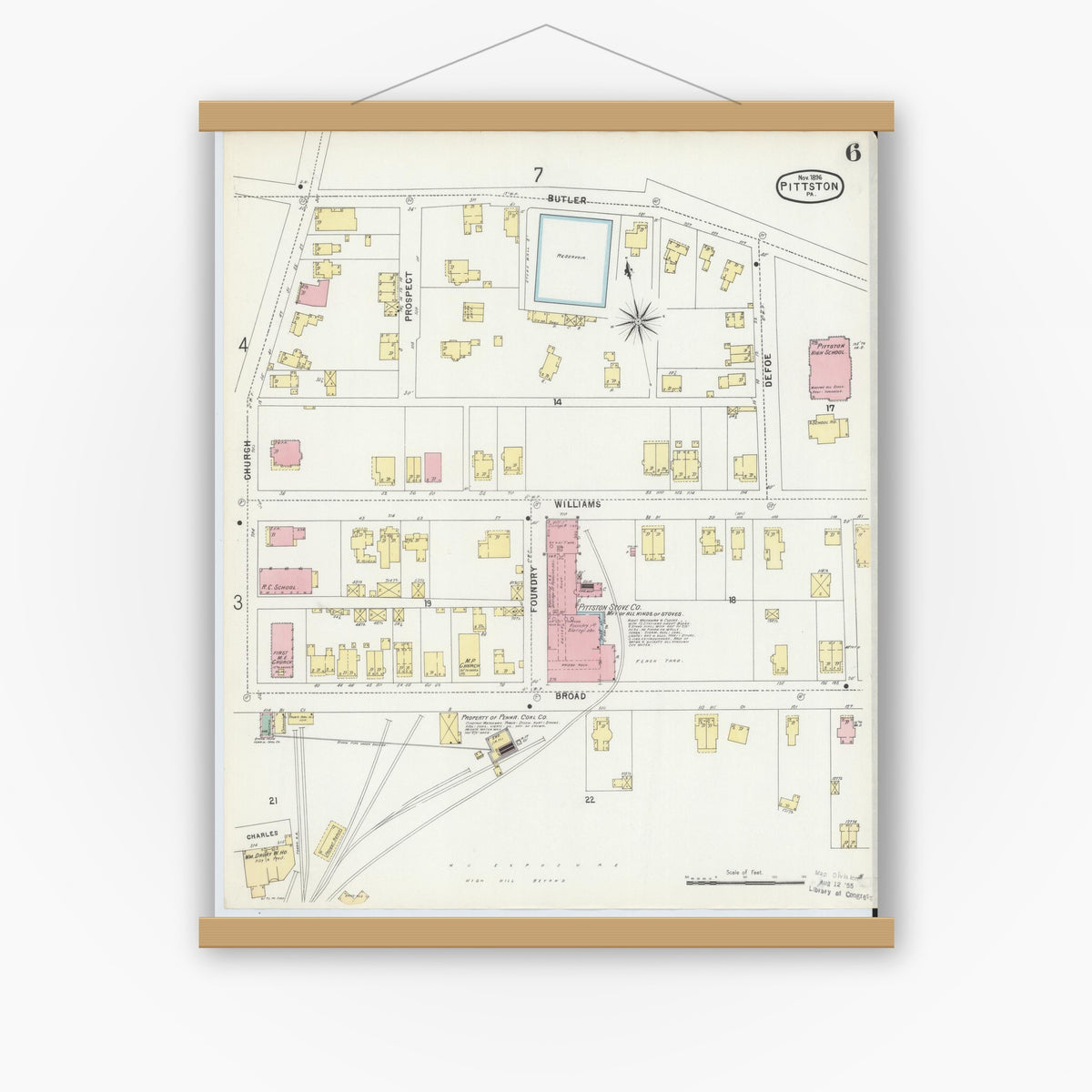 Old map wall art mockup — magnetic wood frame on white wall — Sanborn Fire Insurance Map from Pittston, Luzerne County, Pennsylvania (1896), Sheet #0006