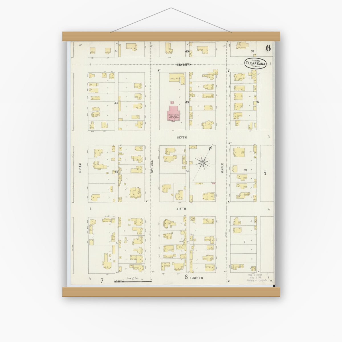 Old map wall art mockup — magnetic wood frame on white wall — Sanborn Fire Insurance Map from Texarkana, Bowie County, Texas (1896), Sheet #0006