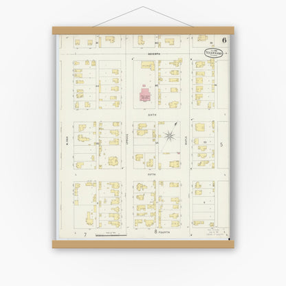 Old map wall art mockup — magnetic wood frame on white wall — Sanborn Fire Insurance Map from Texarkana, Bowie County, Texas (1896), Sheet #0006