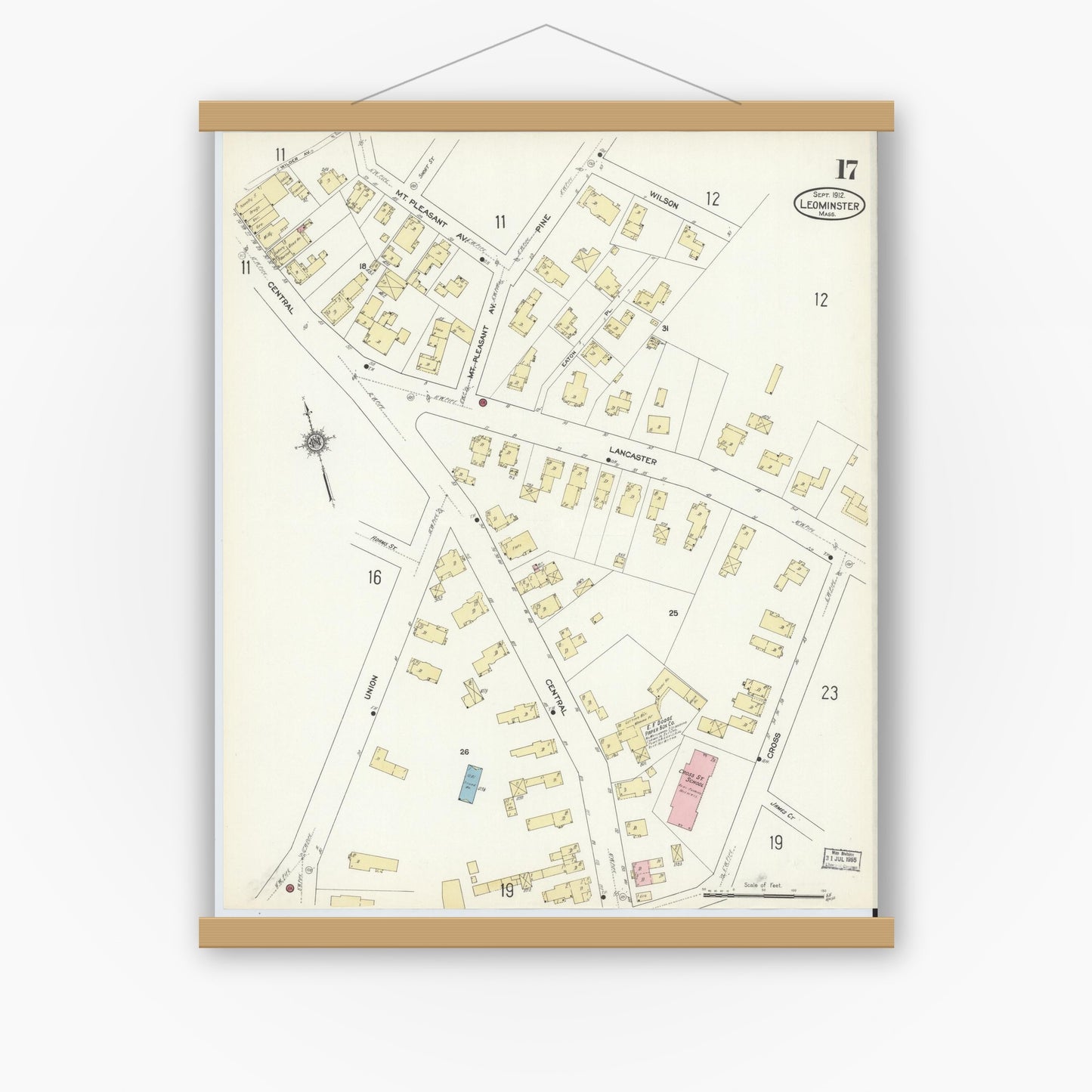 Old map wall art mockup — magnetic wood frame on white wall — Sanborn Fire Insurance Map from Leominster, Worcester County, Massachusetts (1912), Sheet #0017