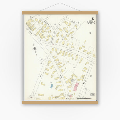 Old map wall art mockup — magnetic wood frame on white wall — Sanborn Fire Insurance Map from Leominster, Worcester County, Massachusetts (1912), Sheet #0017