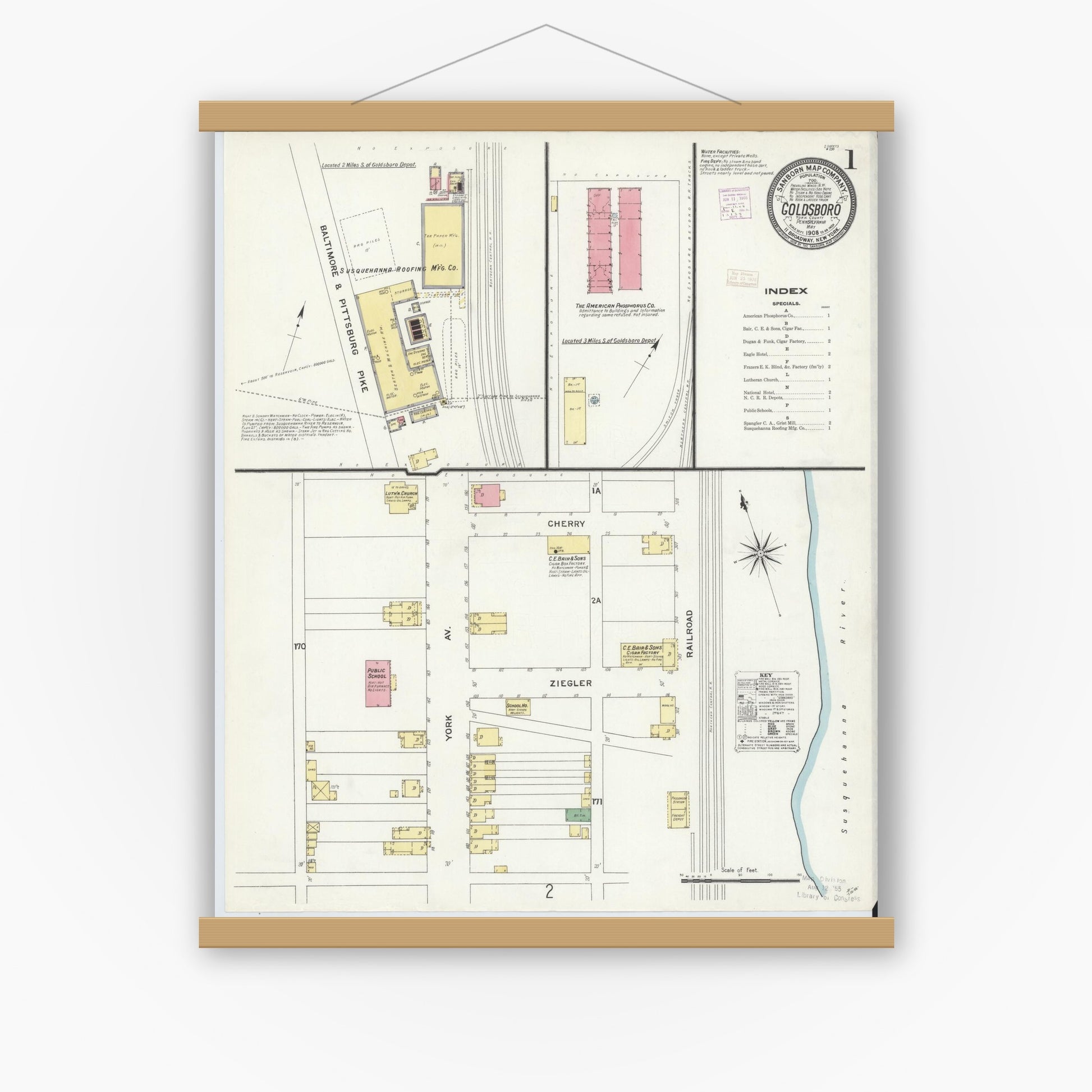 Old map wall art mockup — magnetic wood frame on white wall — Sanborn Fire Insurance Map from Goldsboro, York County, Pennsylvania (1908) - Complete Map Set