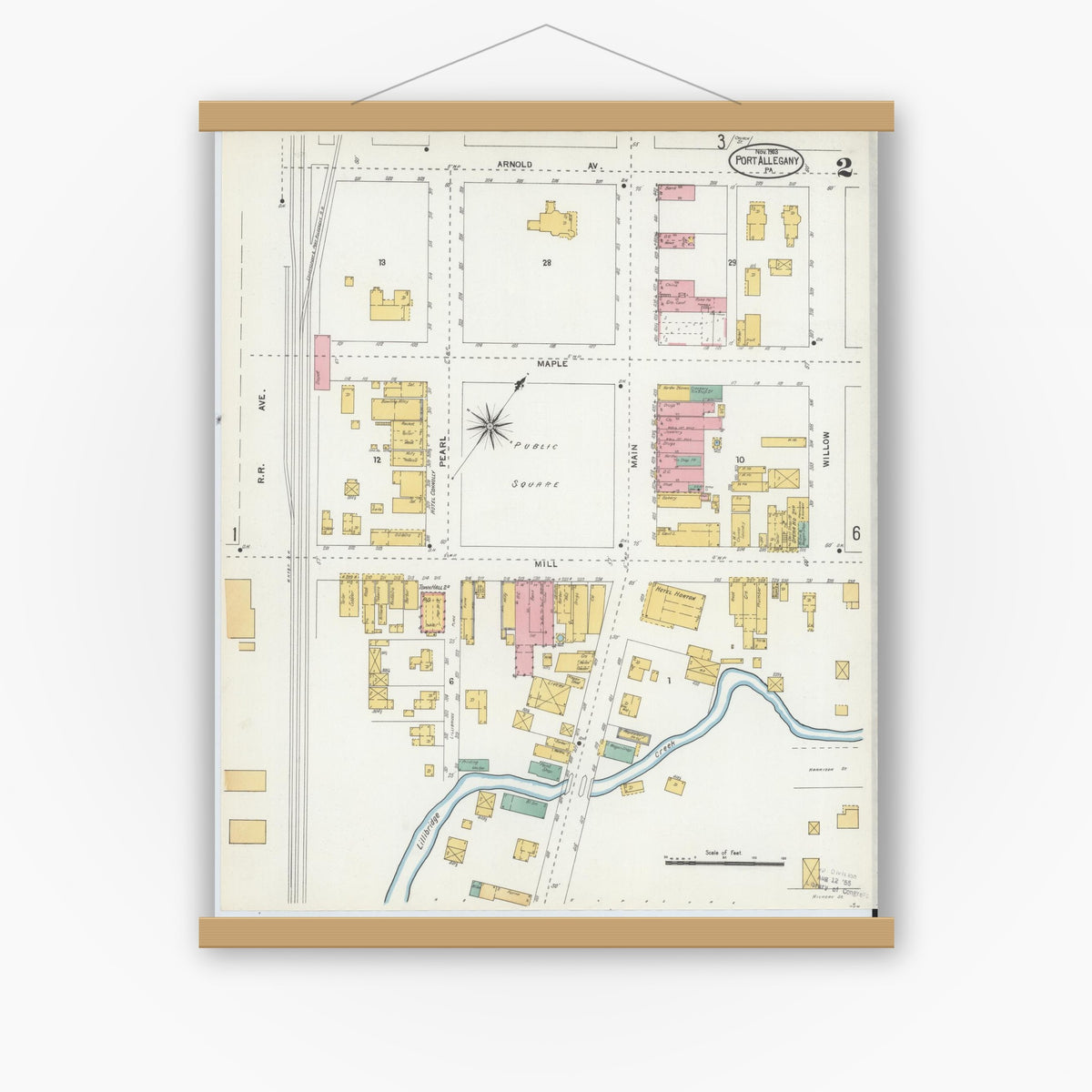 Old map wall art mockup — magnetic wood frame on white wall — Sanborn Fire Insurance Map from Port Allegany, McKean County, Pennsylvania (1903), Sheet #0002