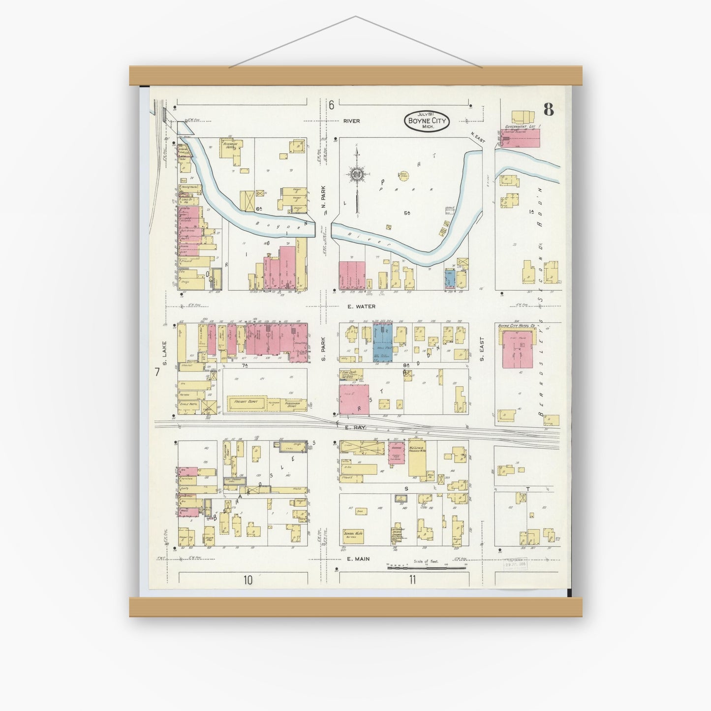 Old map wall art mockup — magnetic wood frame on white wall — Sanborn Fire Insurance Map from Boyne City, Charlevoix County, Michigan (1911), Sheet #0008