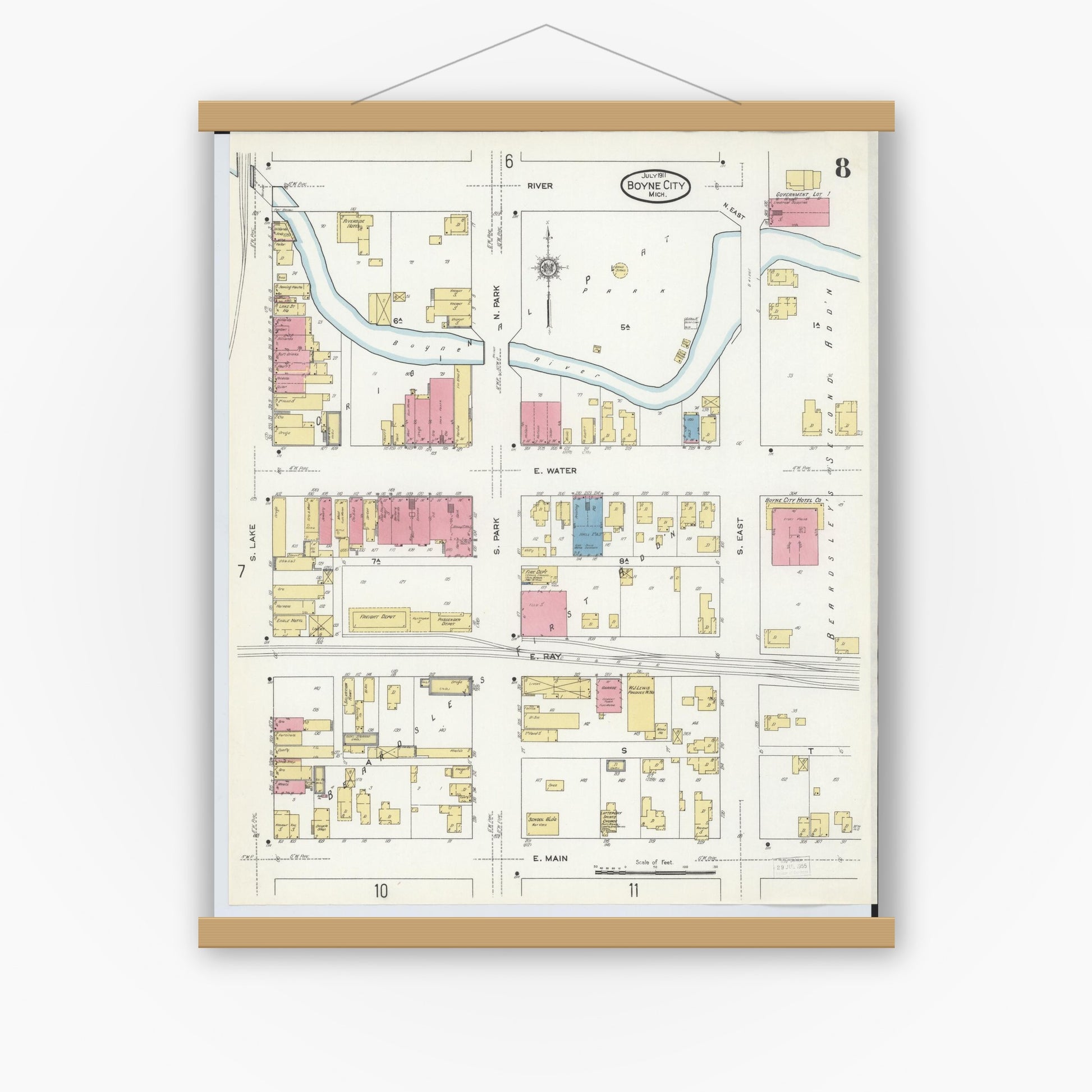 Old map wall art mockup — magnetic wood frame on white wall — Sanborn Fire Insurance Map from Boyne City, Charlevoix County, Michigan (1911), Sheet #0008