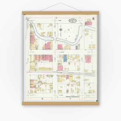 Old map wall art mockup — magnetic wood frame on white wall — Sanborn Fire Insurance Map from Boyne City, Charlevoix County, Michigan (1911), Sheet #0008