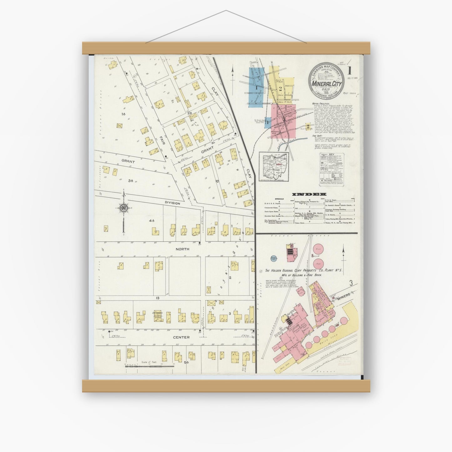Old map wall art mockup — magnetic wood frame on white wall — Sanborn Fire Insurance Map from Mineral City, Tuscarawas County, Ohio (1915) - Complete Map Set