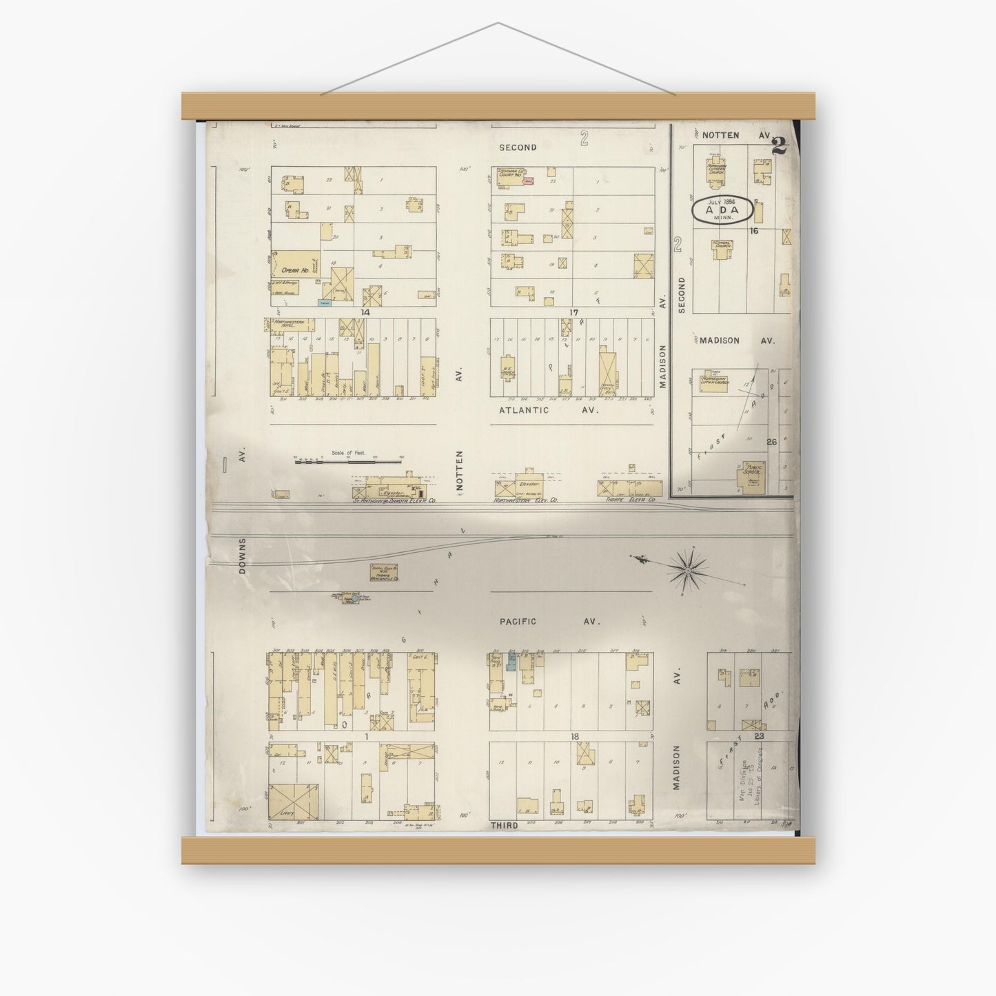 Old map wall art mockup — magnetic wood frame on white wall — Sanborn Fire Insurance Map from Ada, Norman County, Minnesota (1894), Sheet #0002