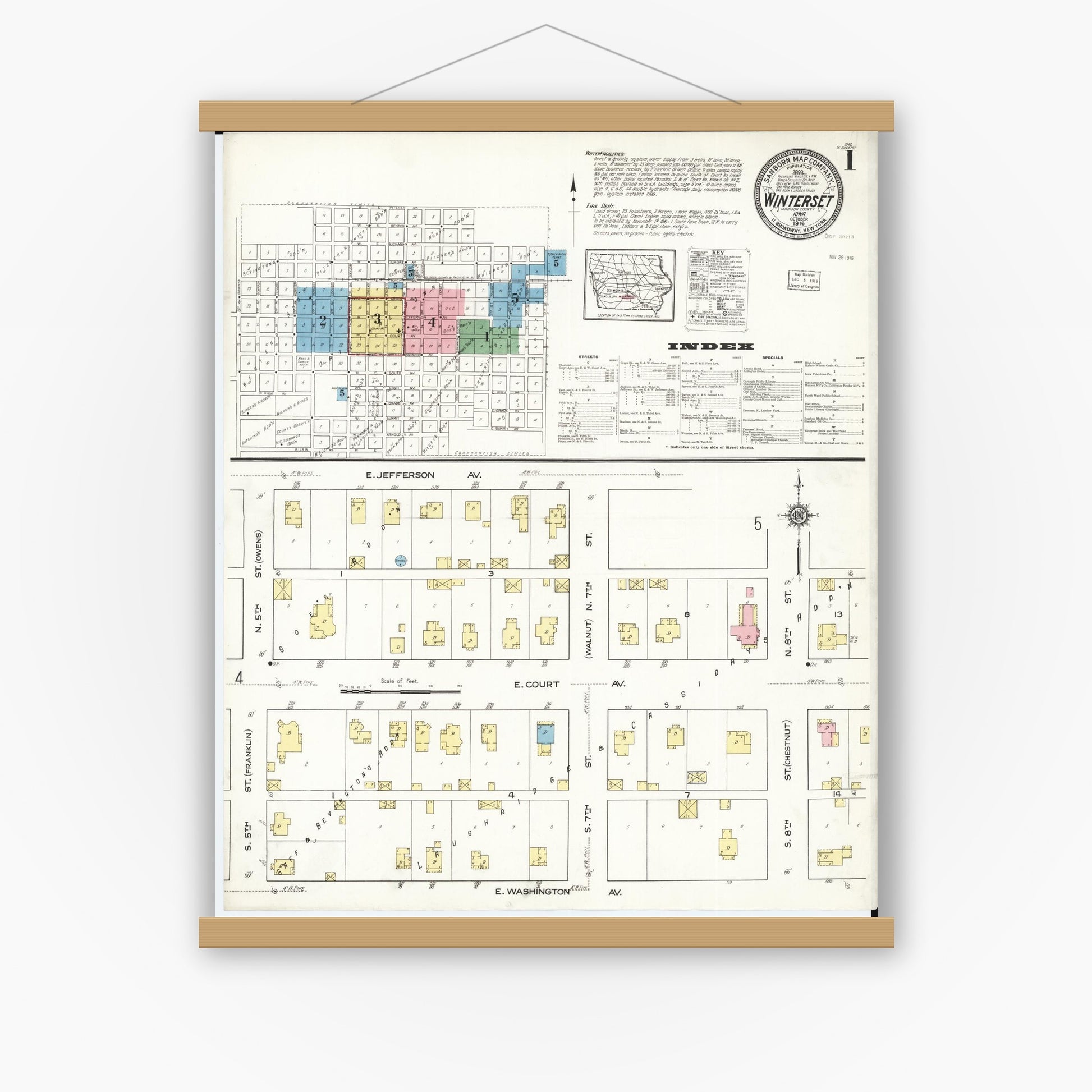 Old map wall art mockup — magnetic wood frame on white wall — Sanborn Fire Insurance Map from Winterset, Madison County, Iowa (1916), Sheet #0001