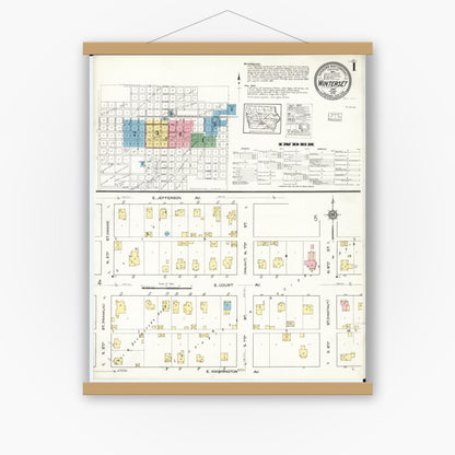 Old map wall art mockup — magnetic wood frame on white wall — Sanborn Fire Insurance Map from Winterset, Madison County, Iowa (1916), Sheet #0001