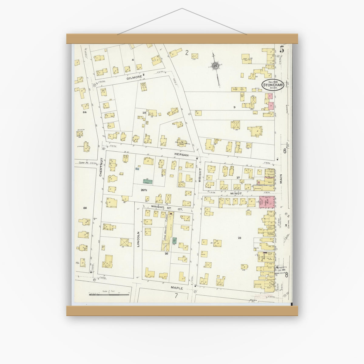 Old map wall art mockup — magnetic wood frame on white wall — Sanborn Fire Insurance Map from Stoneham, Middlesex County, Massachusetts (1909), Sheet #0005