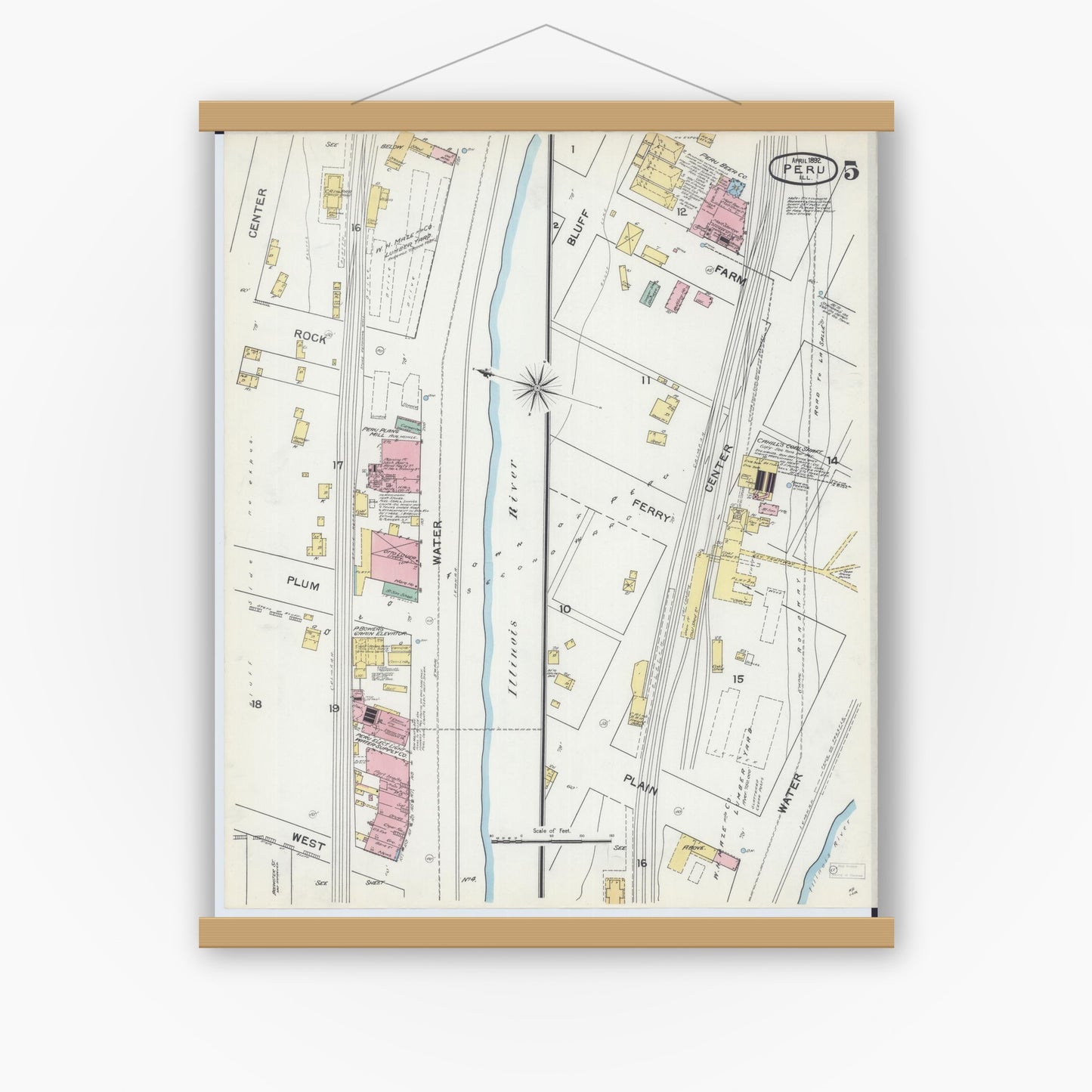 Old map wall art mockup — magnetic wood frame on white wall — Sanborn Fire Insurance Map from Peru, La Salle County, Illinois (1892), Sheet #0005