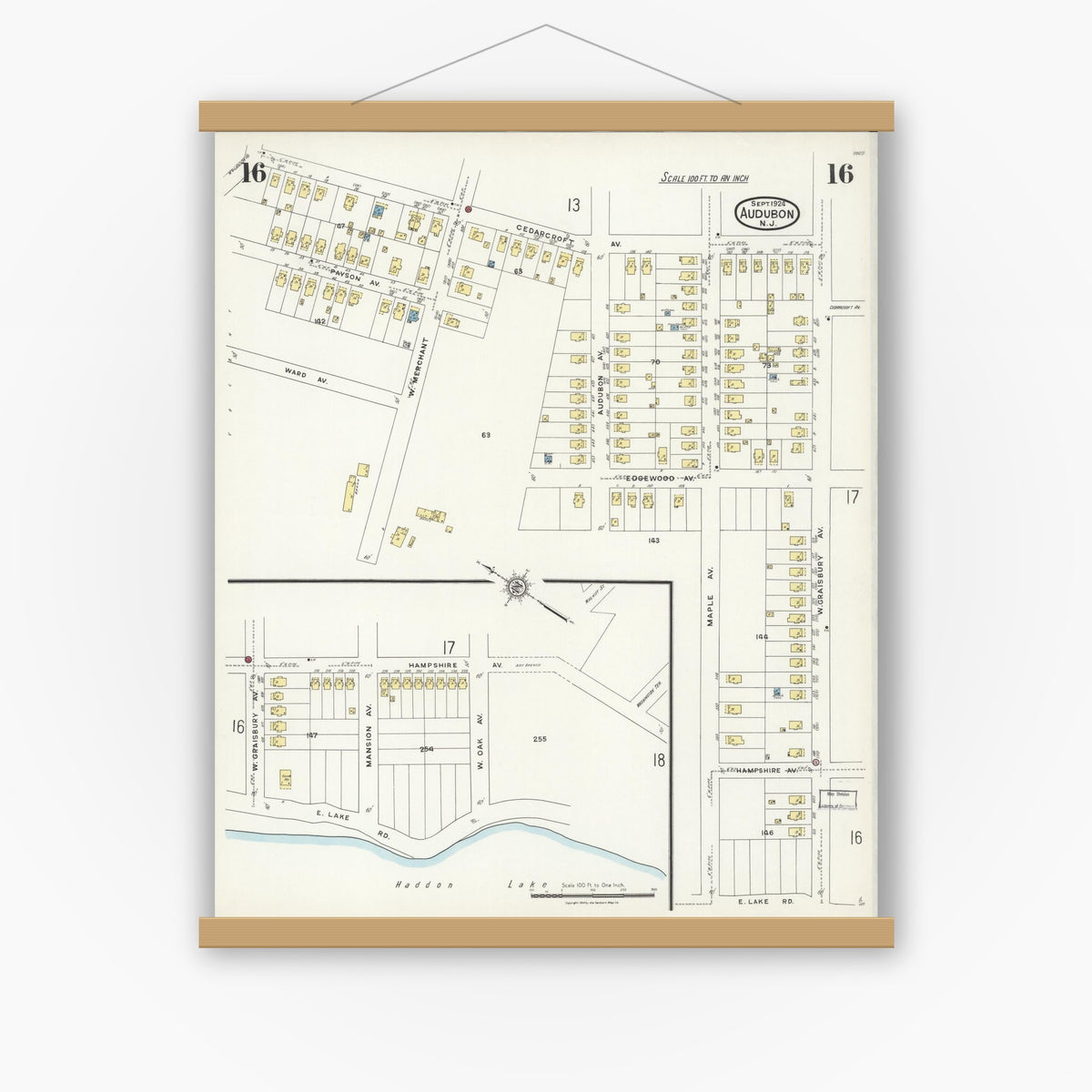 Old map wall art mockup — magnetic wood frame on white wall — Sanborn Fire Insurance Map from Audubon, Camden County, New Jersey (1924), Sheet #0016
