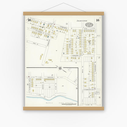 Old map wall art mockup — magnetic wood frame on white wall — Sanborn Fire Insurance Map from Audubon, Camden County, New Jersey (1924), Sheet #0016