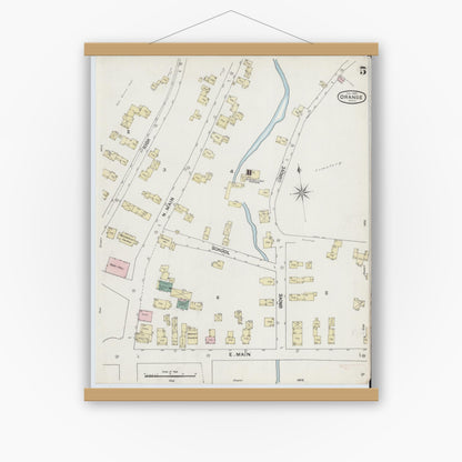 Old map wall art mockup — magnetic wood frame on white wall — Sanborn Fire Insurance Map from Orange, Franklin County, Massachusetts (1889), Sheet #0005