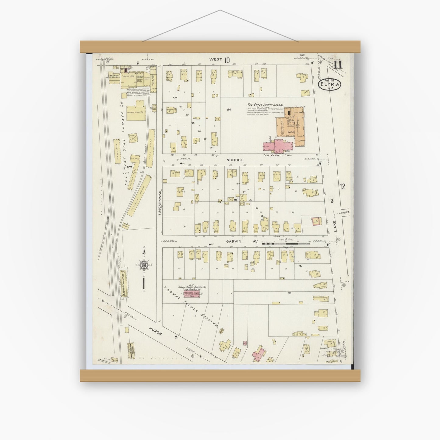Old map wall art mockup — magnetic wood frame on white wall — Sanborn Fire Insurance Map from Elyria, Lorain County, Ohio (1915), Sheet #0011