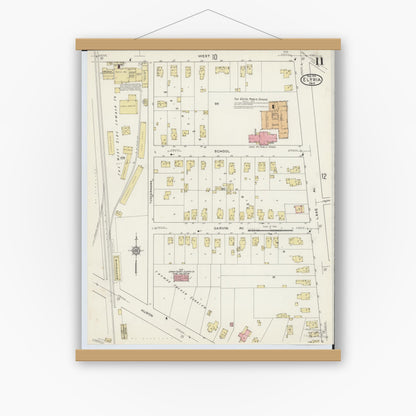 Old map wall art mockup — magnetic wood frame on white wall — Sanborn Fire Insurance Map from Elyria, Lorain County, Ohio (1915), Sheet #0011
