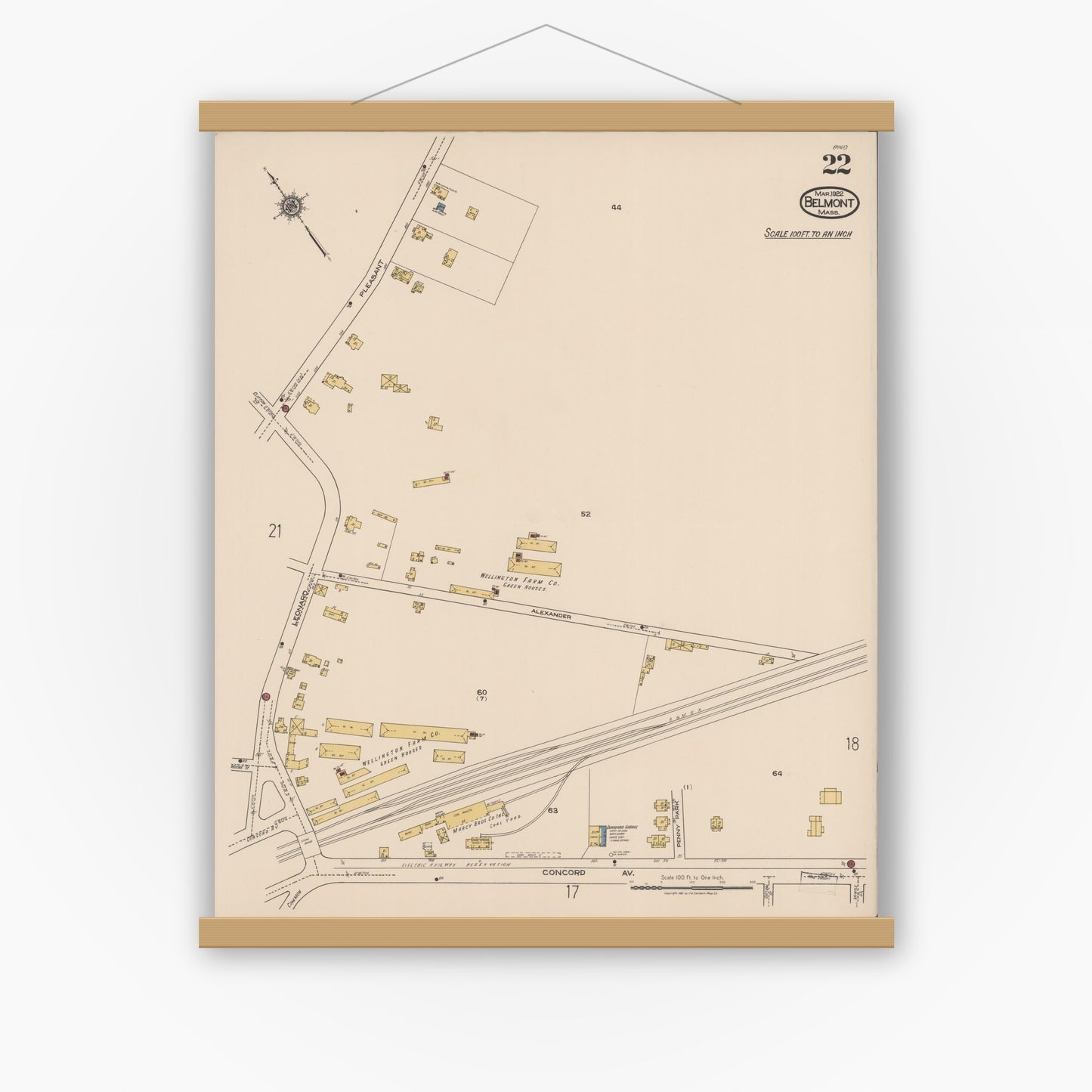 Old map wall art mockup — magnetic wood frame on white wall — Sanborn Fire Insurance Map from Belmont, Middlesex County, Massachusetts (1922), Sheet #0022
