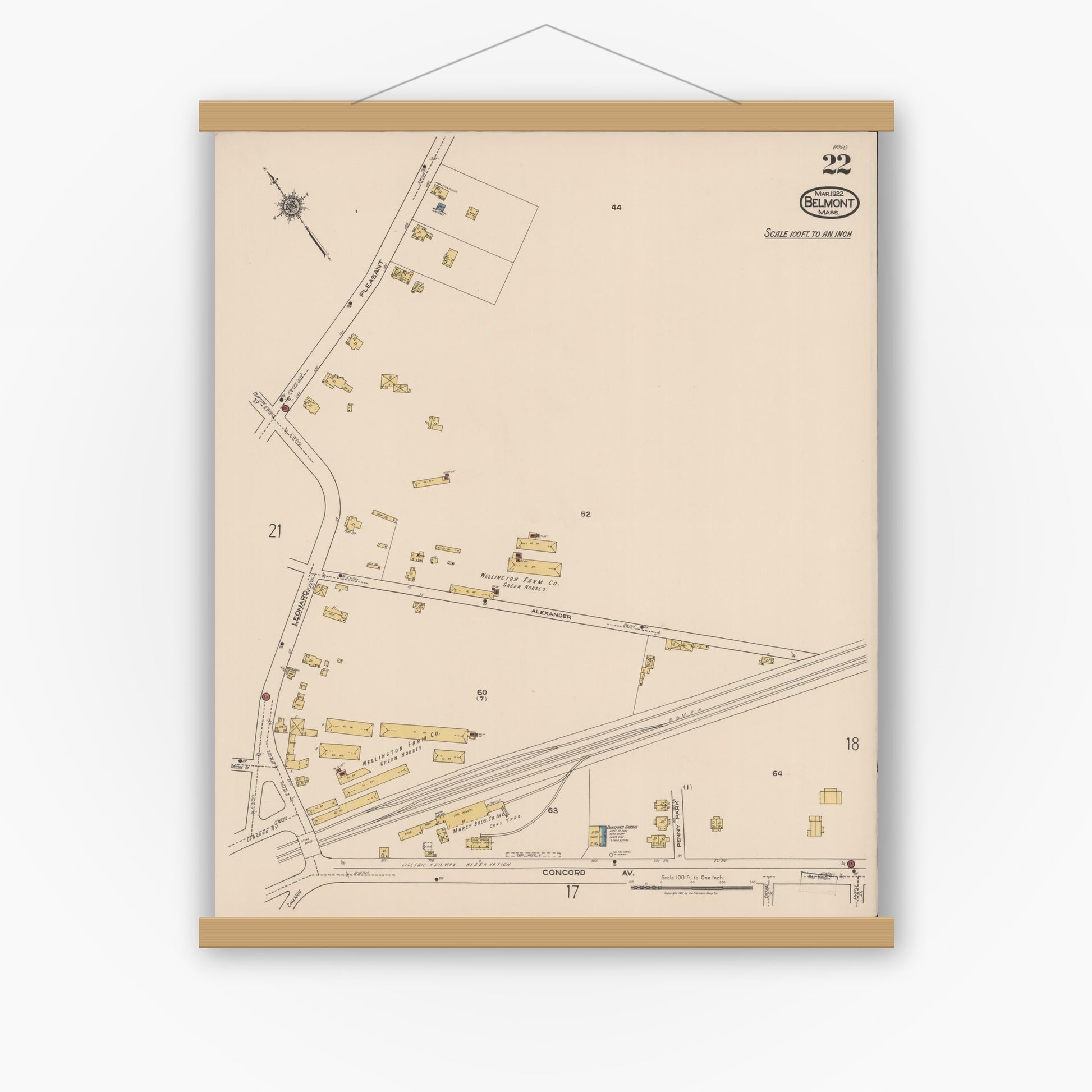 Old map wall art mockup — magnetic wood frame on white wall — Sanborn Fire Insurance Map from Belmont, Middlesex County, Massachusetts (1922), Sheet #0022