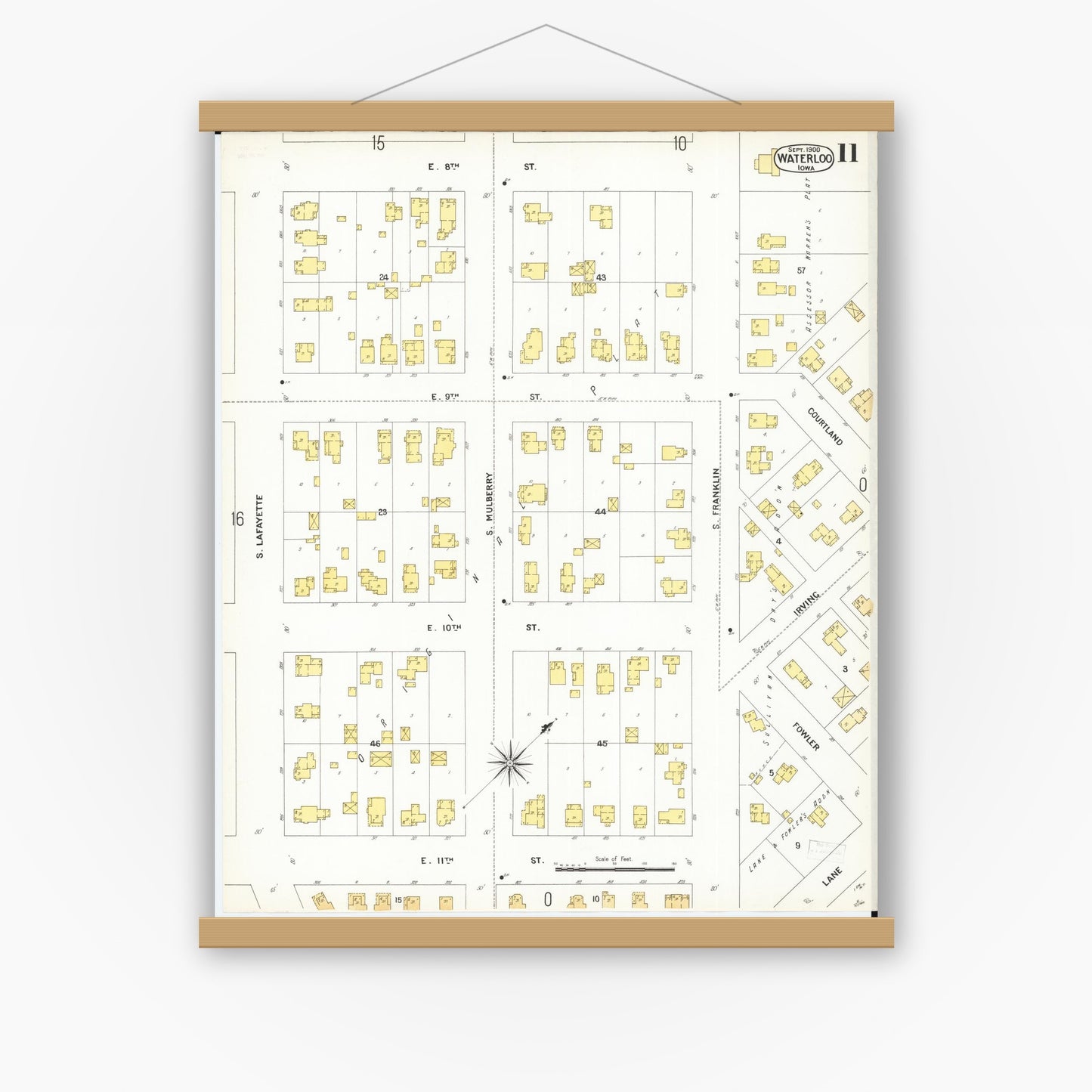 Old map wall art mockup — magnetic wood frame on white wall — Sanborn Fire Insurance Map from Waterloo, Black Hawk County, Iowa (1900), Sheet #0011