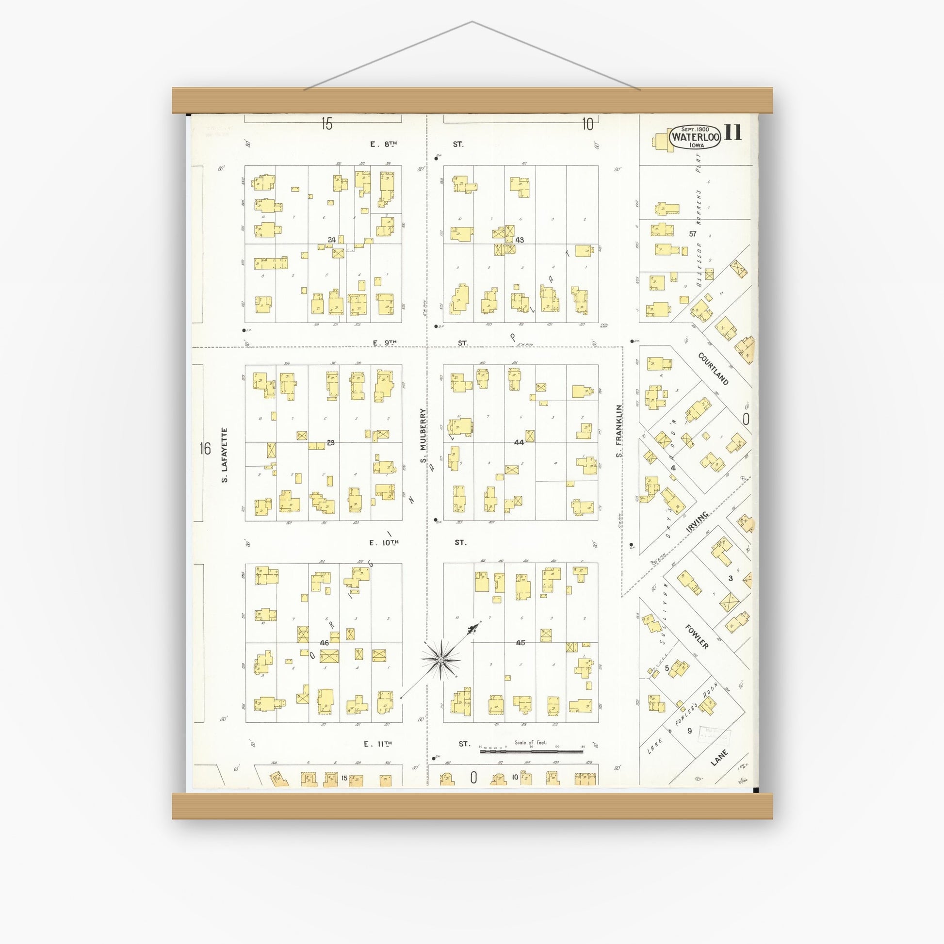 Old map wall art mockup — magnetic wood frame on white wall — Sanborn Fire Insurance Map from Waterloo, Black Hawk County, Iowa (1900), Sheet #0011