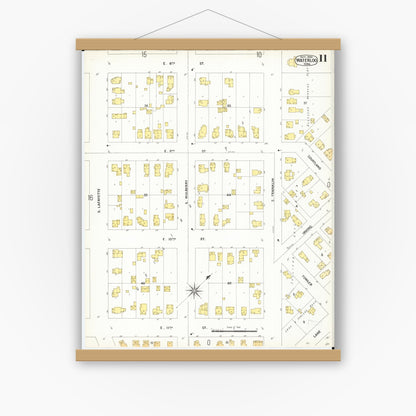 Old map wall art mockup — magnetic wood frame on white wall — Sanborn Fire Insurance Map from Waterloo, Black Hawk County, Iowa (1900), Sheet #0011