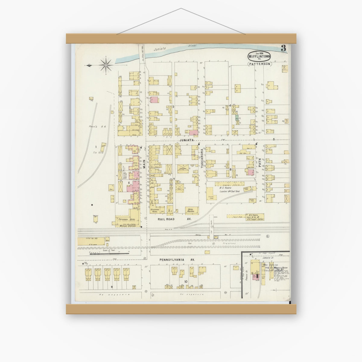 Old map wall art mockup — magnetic wood frame on white wall — Sanborn Fire Insurance Map from Mifflintown, Juniata County, Pennsylvania (1896), Sheet #0003