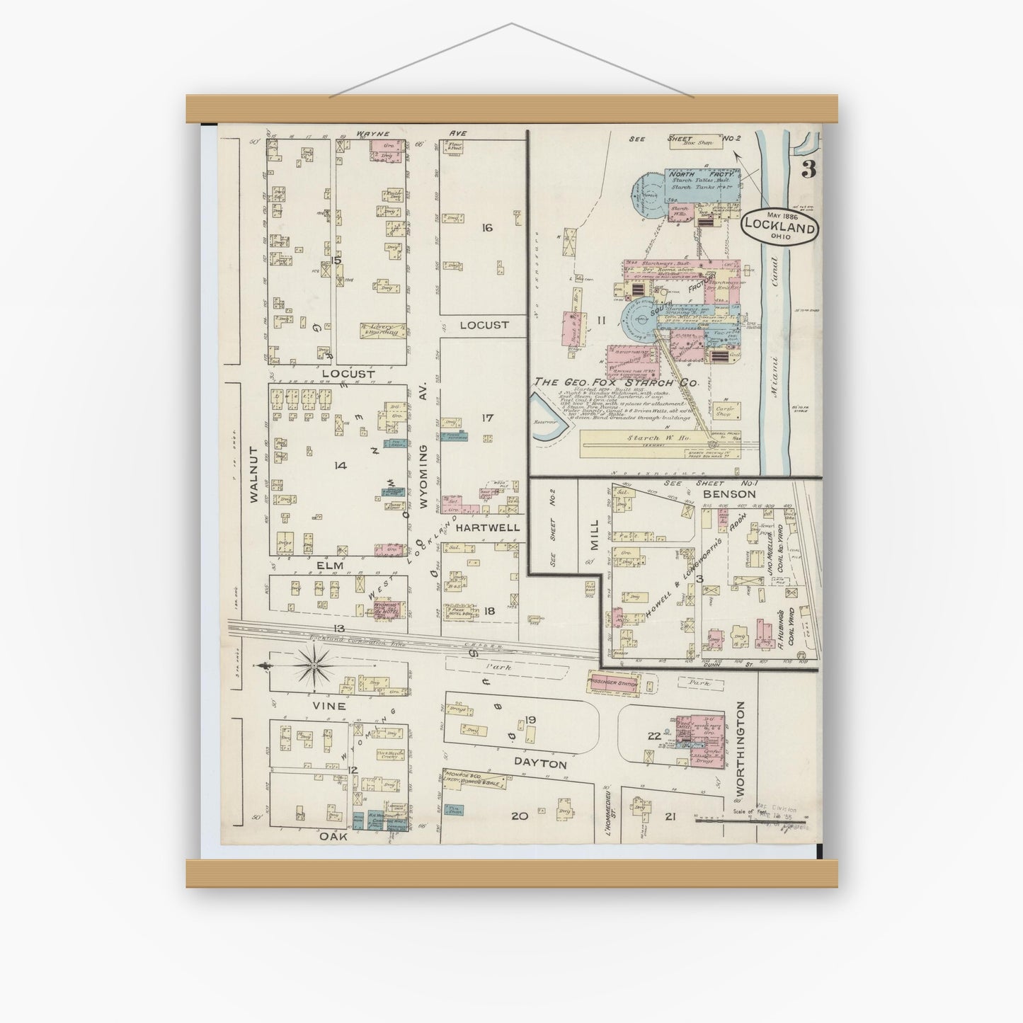 Old map wall art mockup — magnetic wood frame on white wall — Sanborn Fire Insurance Map from Lockland, Hamilton County, Ohio (1886), Sheet #0003