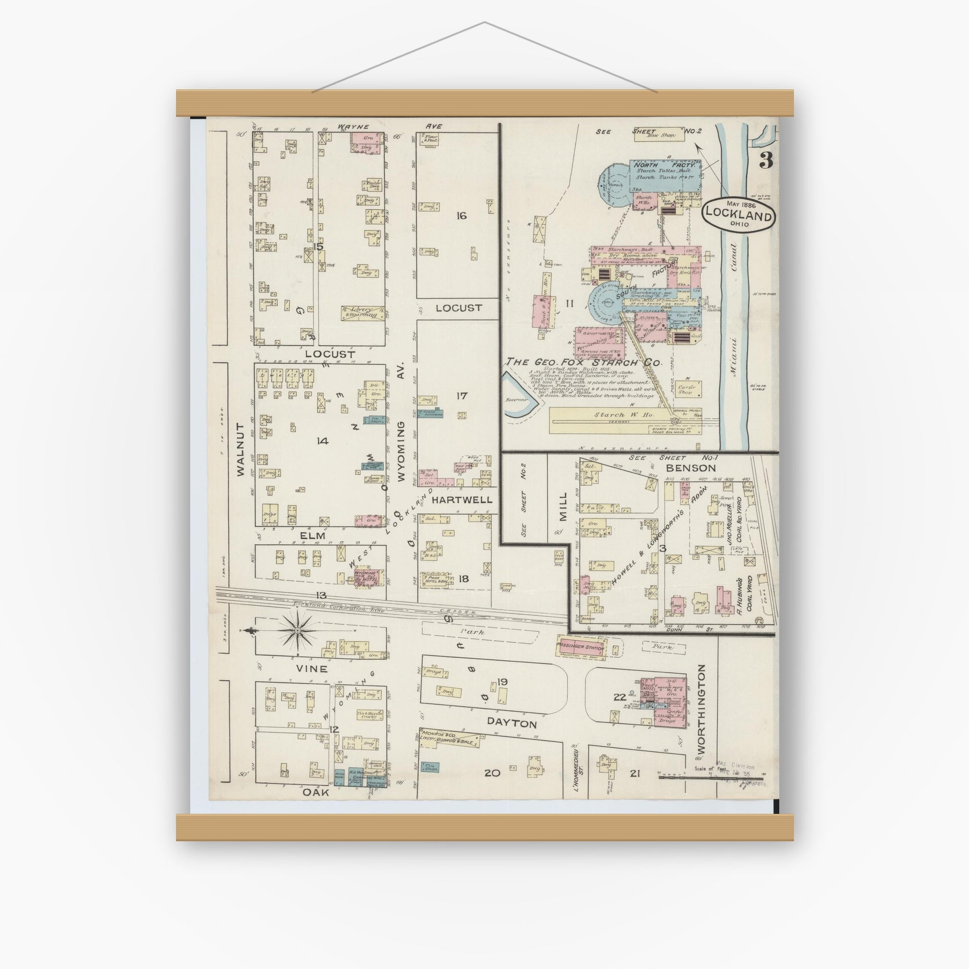 Old map wall art mockup — magnetic wood frame on white wall — Sanborn Fire Insurance Map from Lockland, Hamilton County, Ohio (1886), Sheet #0003