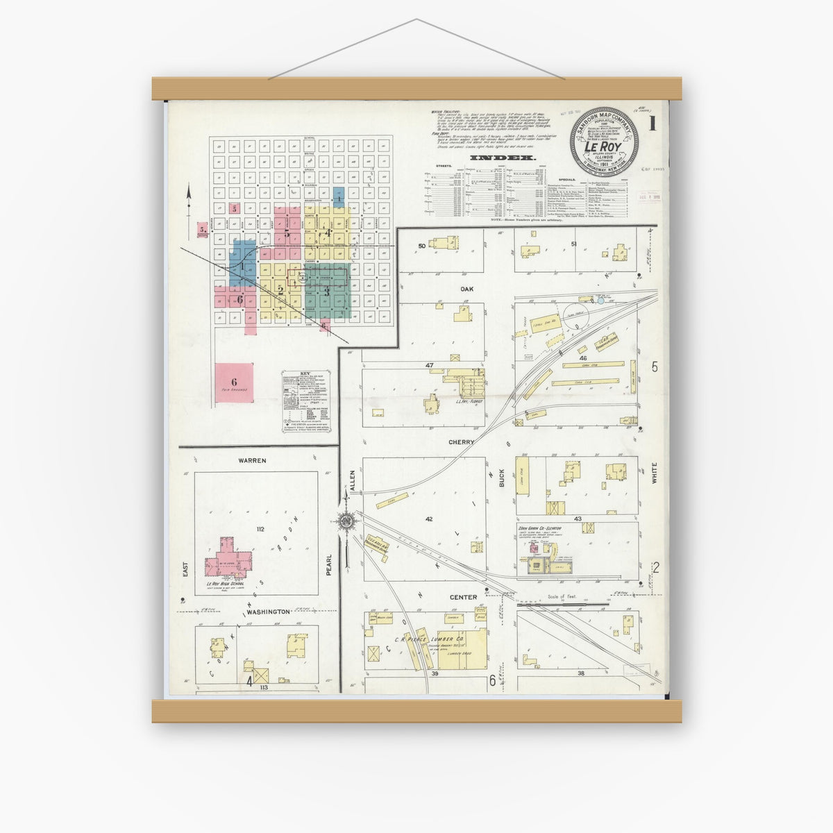 Old map wall art mockup — magnetic wood frame on white wall — Sanborn Fire Insurance Map from Leroy, McLean County, Illinois (1911) - Complete Map Set