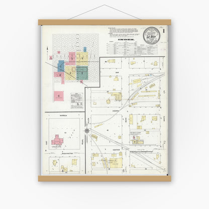 Old map wall art mockup — magnetic wood frame on white wall — Sanborn Fire Insurance Map from Leroy, McLean County, Illinois (1911) - Complete Map Set