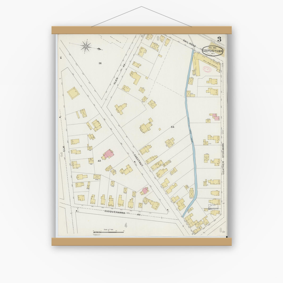 Old map wall art mockup — magnetic wood frame on white wall — Sanborn Fire Insurance Map from Cooperstown, Otsego County, New York (1894), Sheet #0003