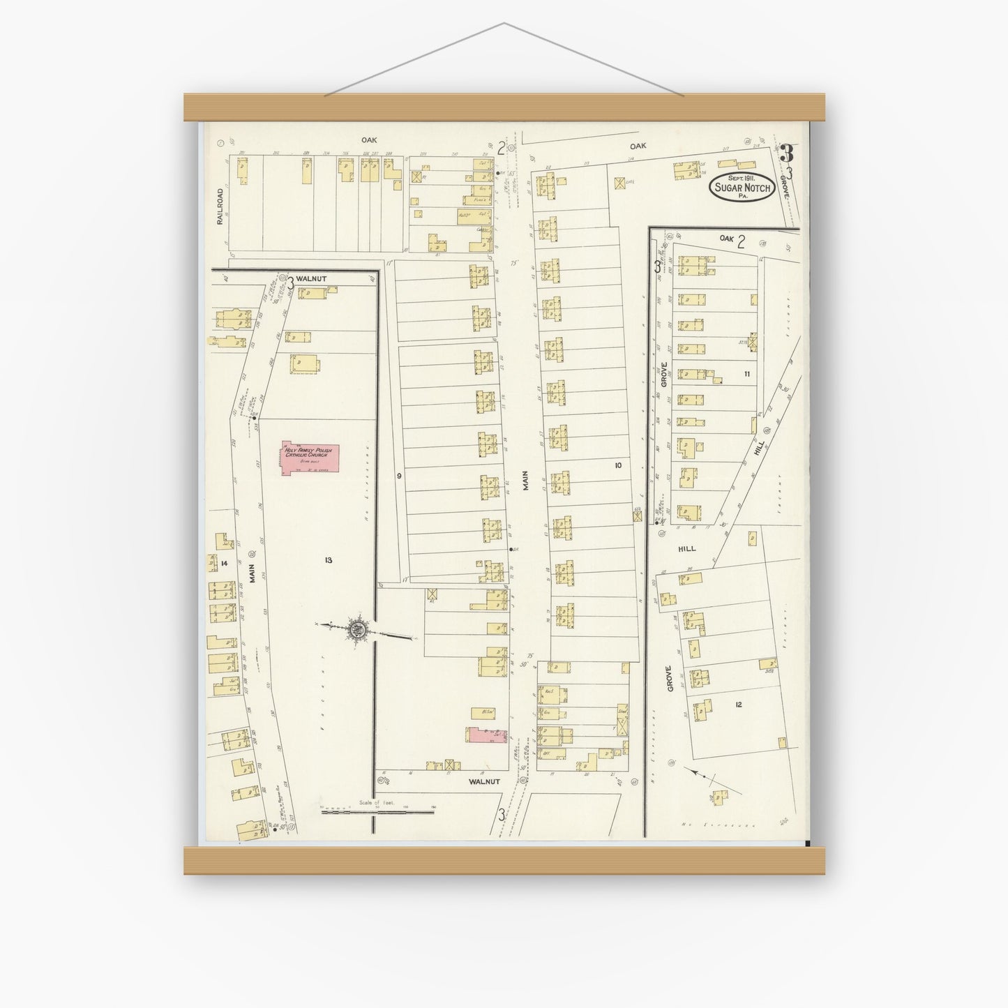Old map wall art mockup — magnetic wood frame on white wall — Sanborn Fire Insurance Map from Sugar Notch, Luzerne County, Pennsylvania (1911), Sheet #0003