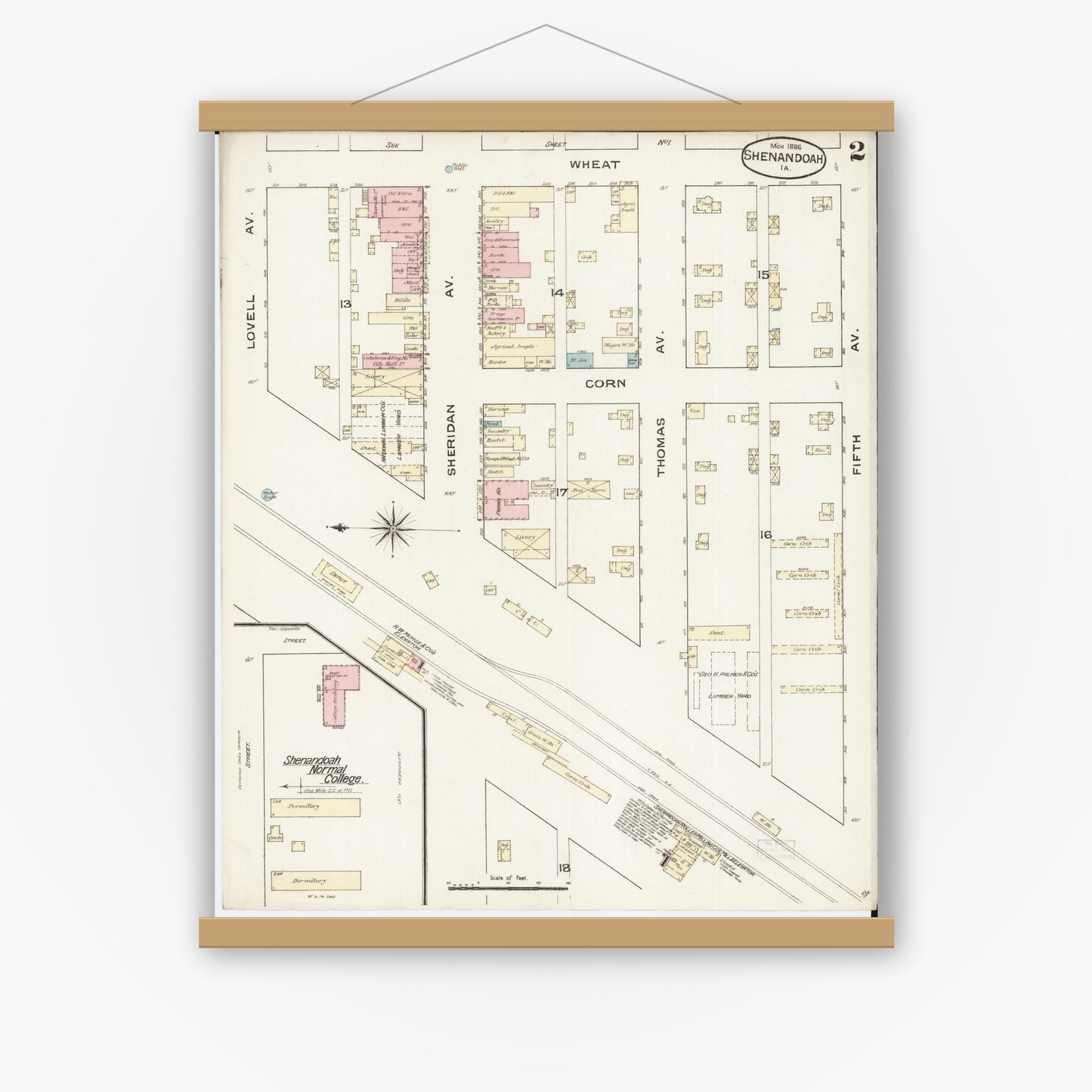 Old map wall art mockup — magnetic wood frame on white wall — Sanborn Fire Insurance Map from Shenandoah, Page County, Iowa (1886), Sheet #0002